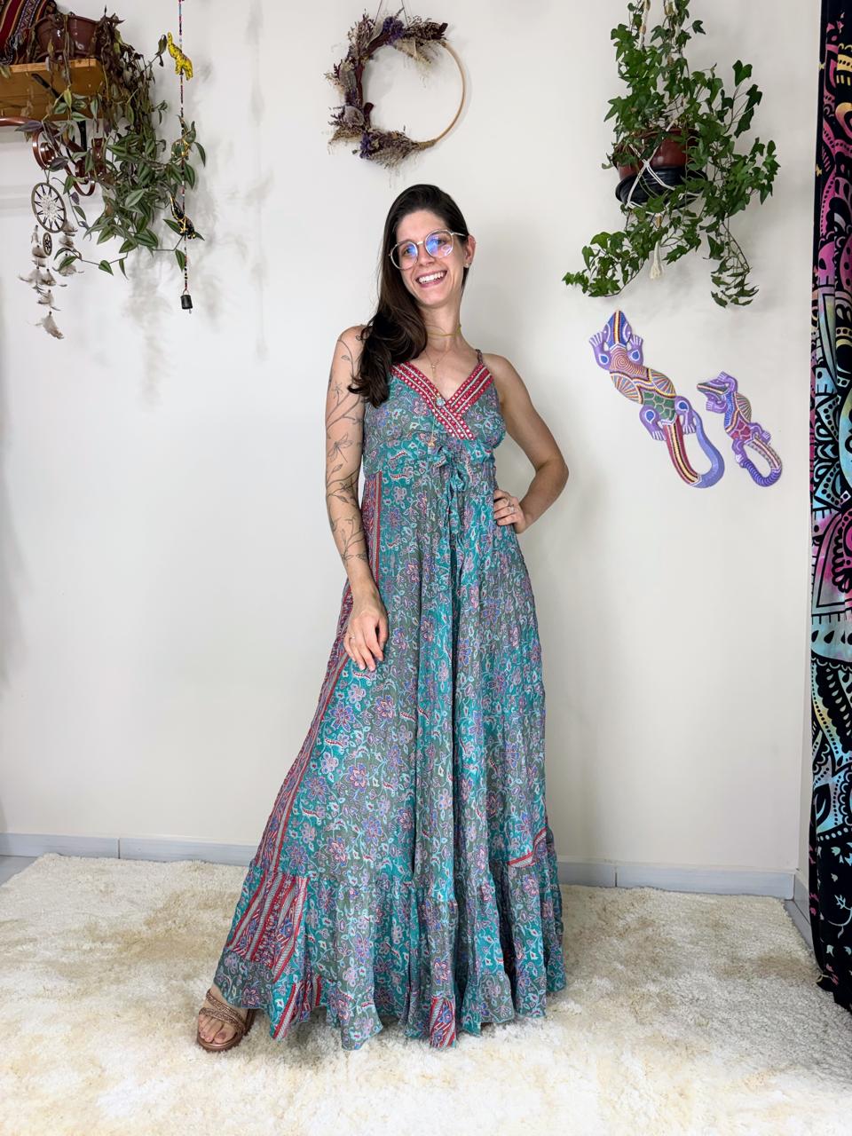 Vestido Indiano Longo Camomila Bordado Estampa Indiana