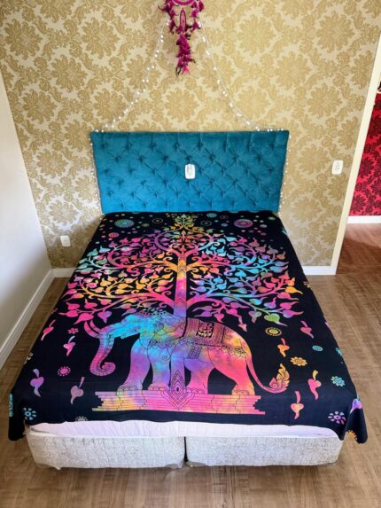 Colcha Indiana Casal Elefante Árvore em Algodão para Decoração Boho e Espiritual.